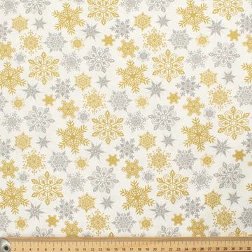 Christmas Collection Gold & Silver Snow Flower on White Cotton Prints