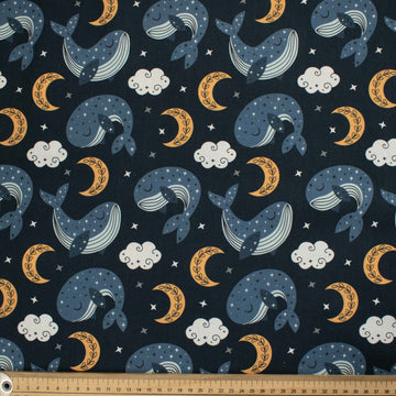 Blue Sea Collection Sleep Whale & Moon on Navy Cotton Prints