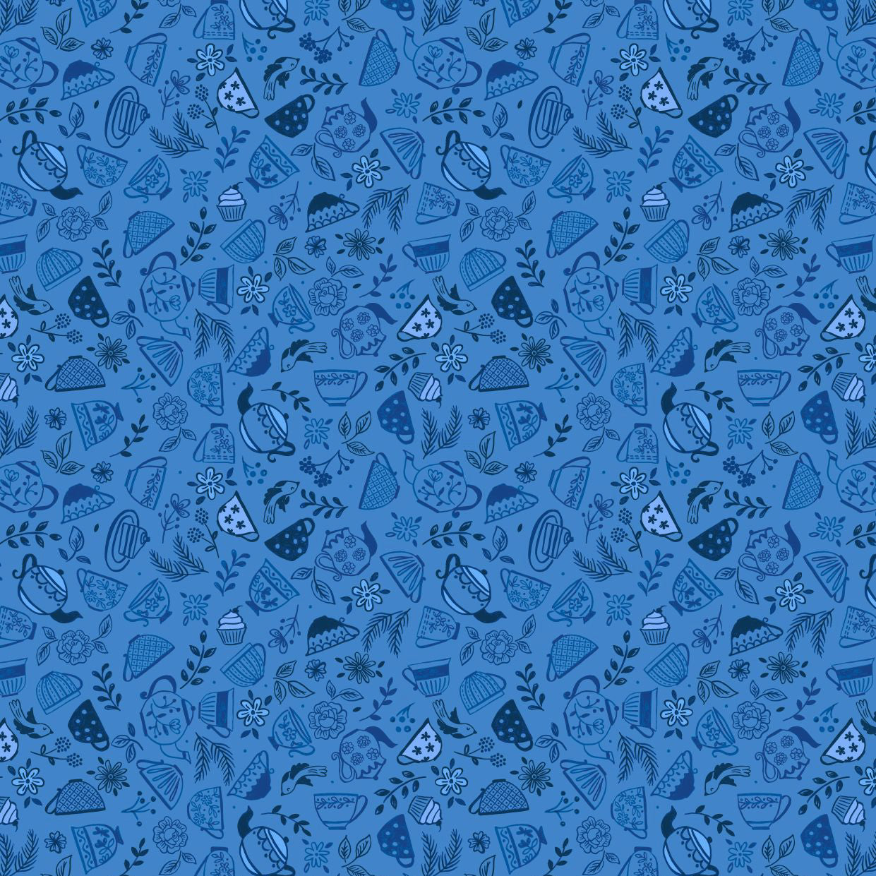 Lewis & Irene Teatime Teapots & Teacups on Mid Blue Cotton Prints