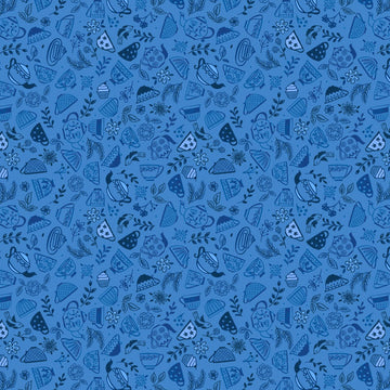 Lewis & Irene Teatime Teapots & Teacups on Mid Blue Cotton Prints