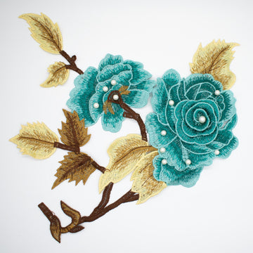 Teal Flower & Pearl Embroidered Applique Motif Design-I-44