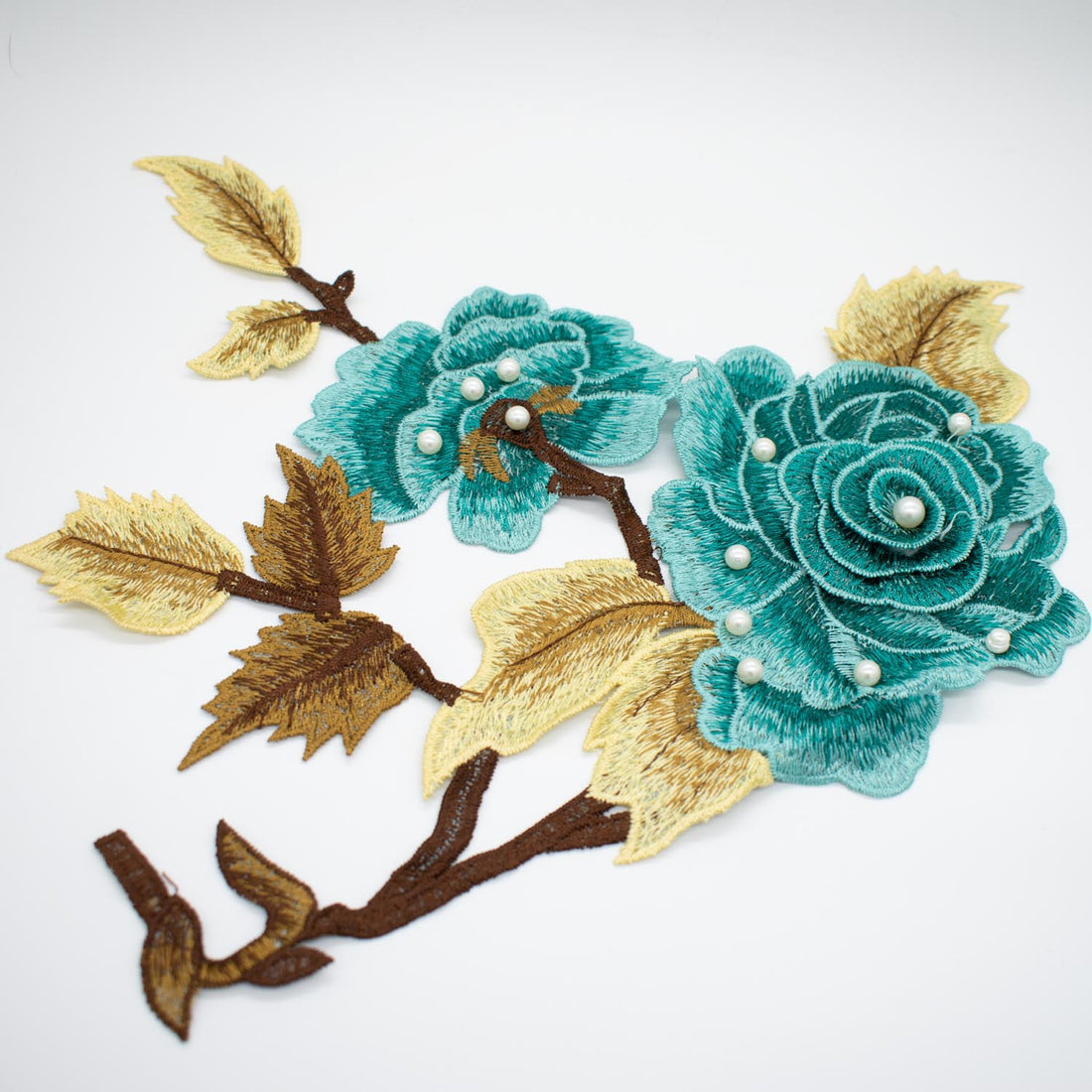 Teal Flower & Pearl Embroidered Applique Motif Design-I-44