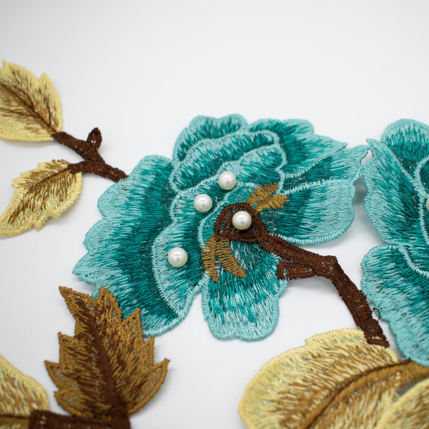 Teal Flower & Pearl Embroidered Applique Motif Design-I-44