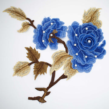 Blue Flower & Pearl Embroidered Applique Motif Design-I-44