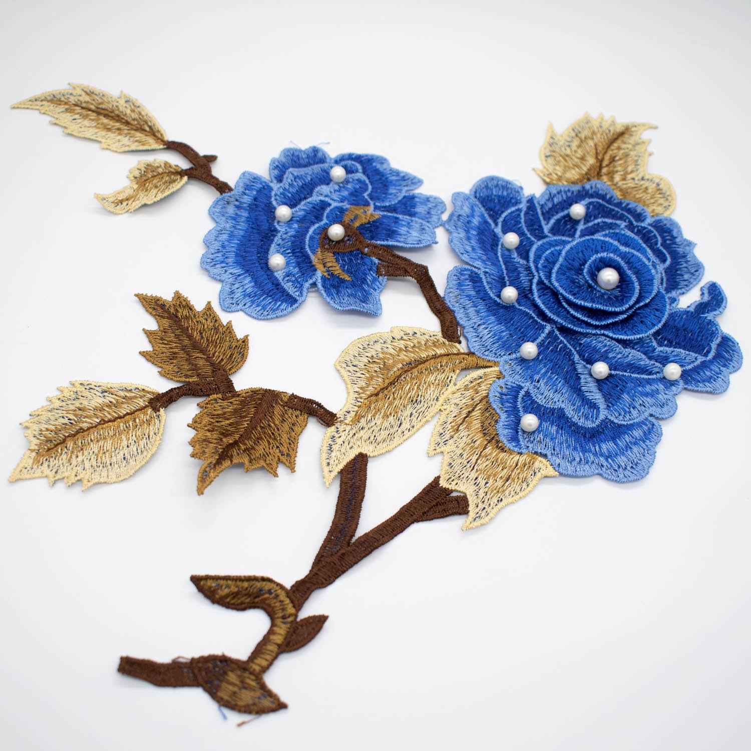 Blue Flower & Pearl Embroidered Applique Motif Design-I-44
