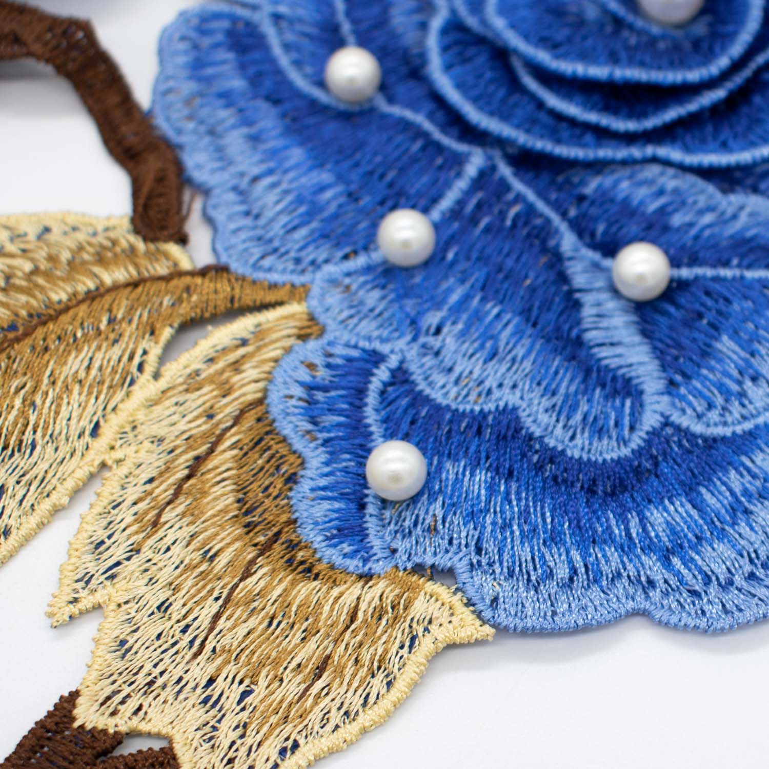 Blue Flower & Pearl Embroidered Applique Motif Design-I-44