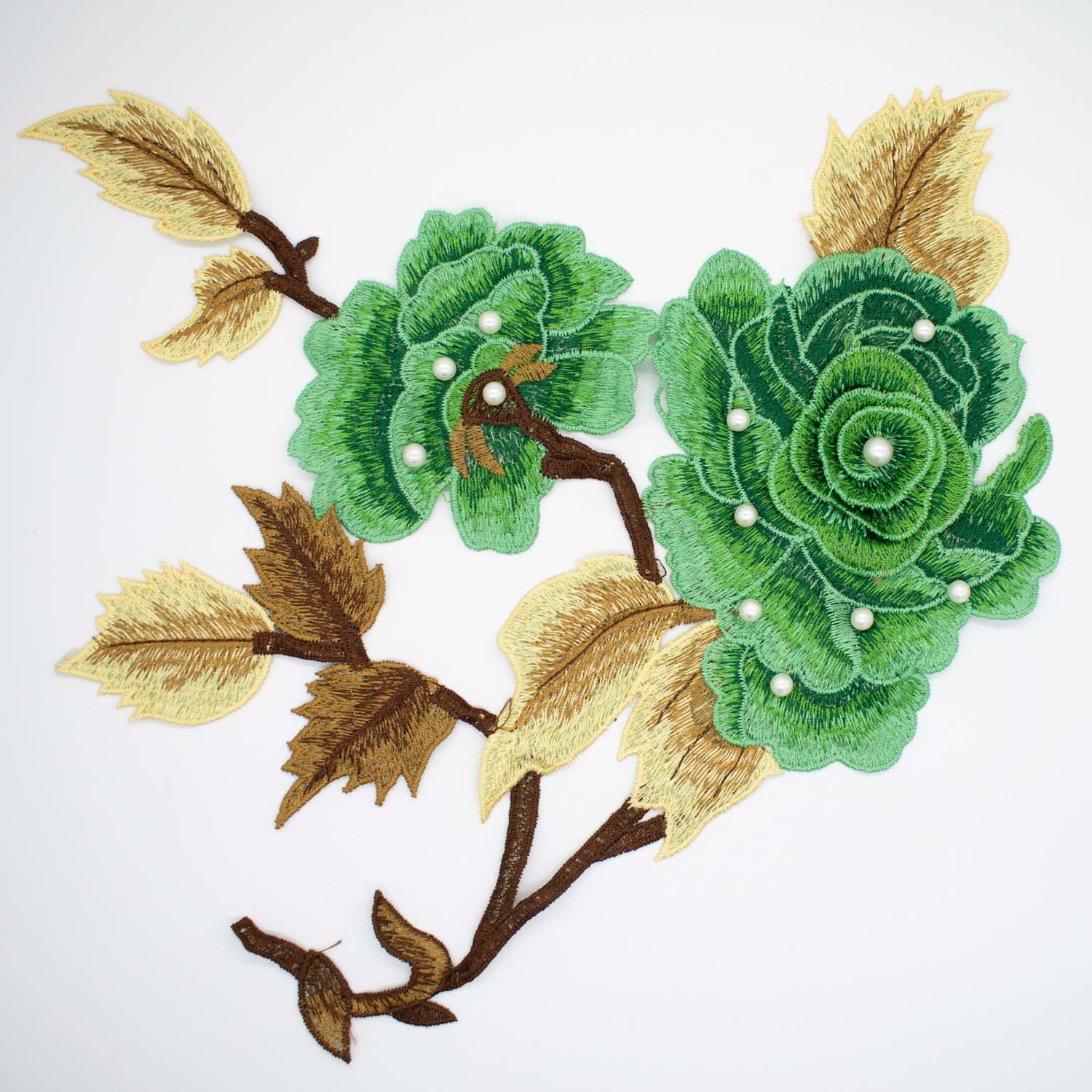 Green Flower & Pearl Embroidered Applique Motif Design-I-44