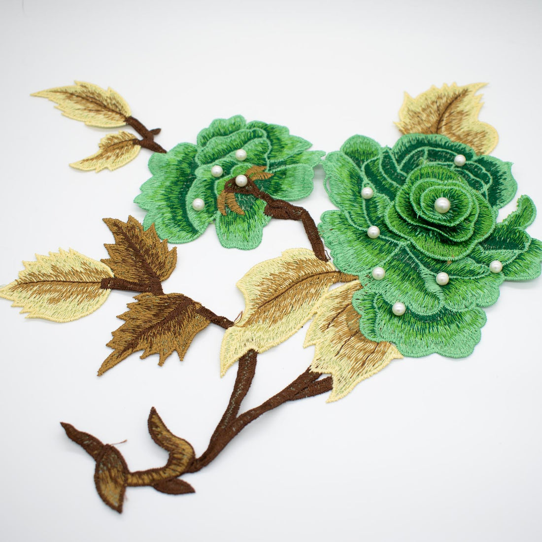 Green Flower & Pearl Embroidered Applique Motif Design-I-44