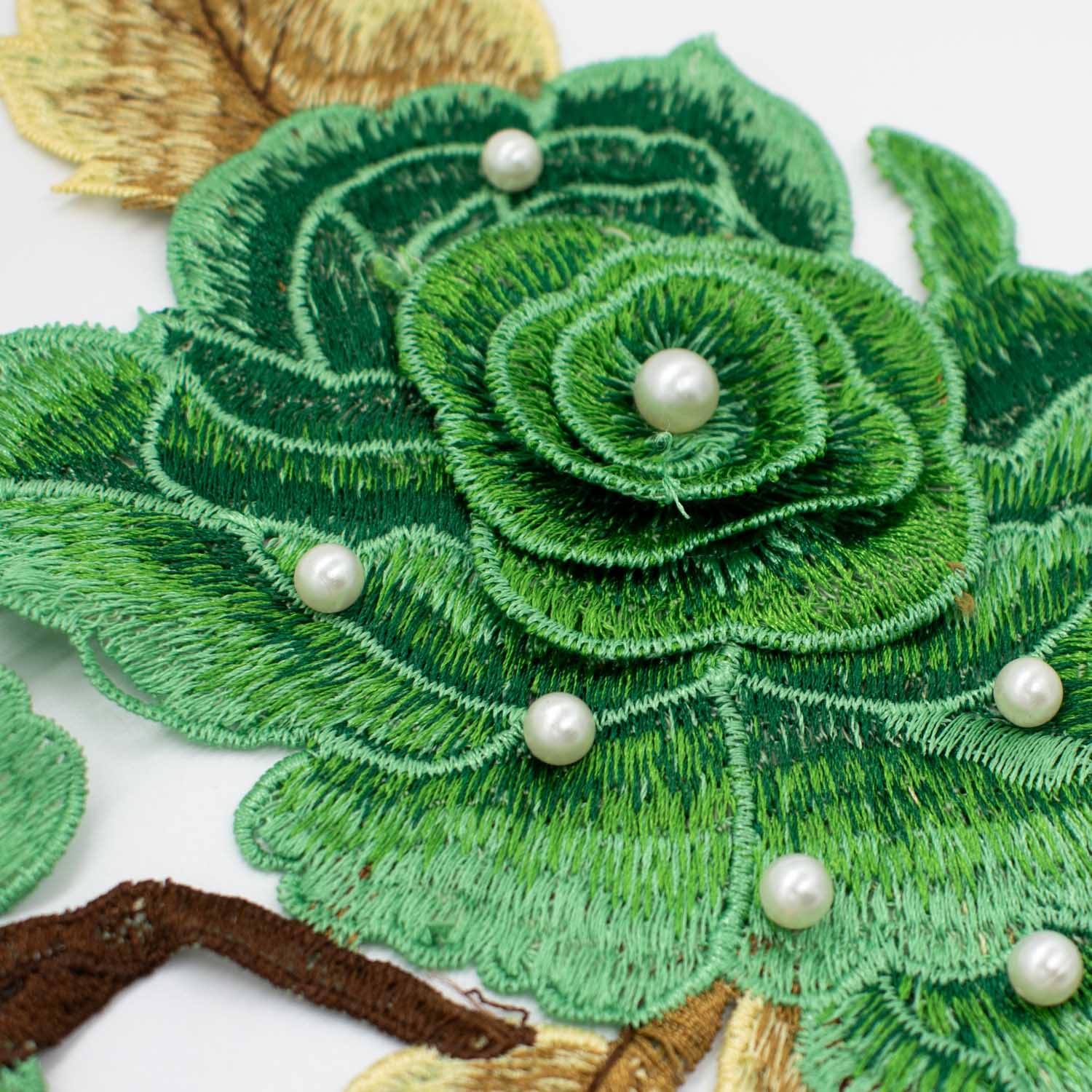 Green Flower & Pearl Embroidered Applique Motif Design-I-44