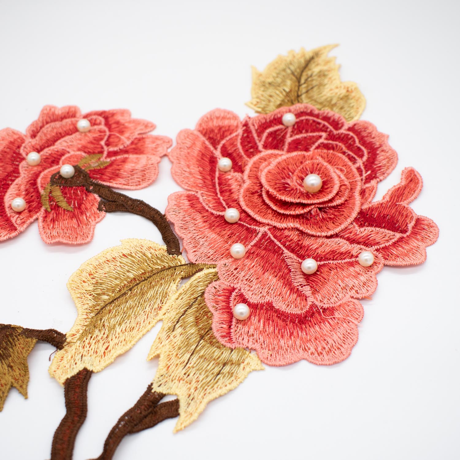 Coral Flower & Pearl Embroidered Applique Motif Design-I-44