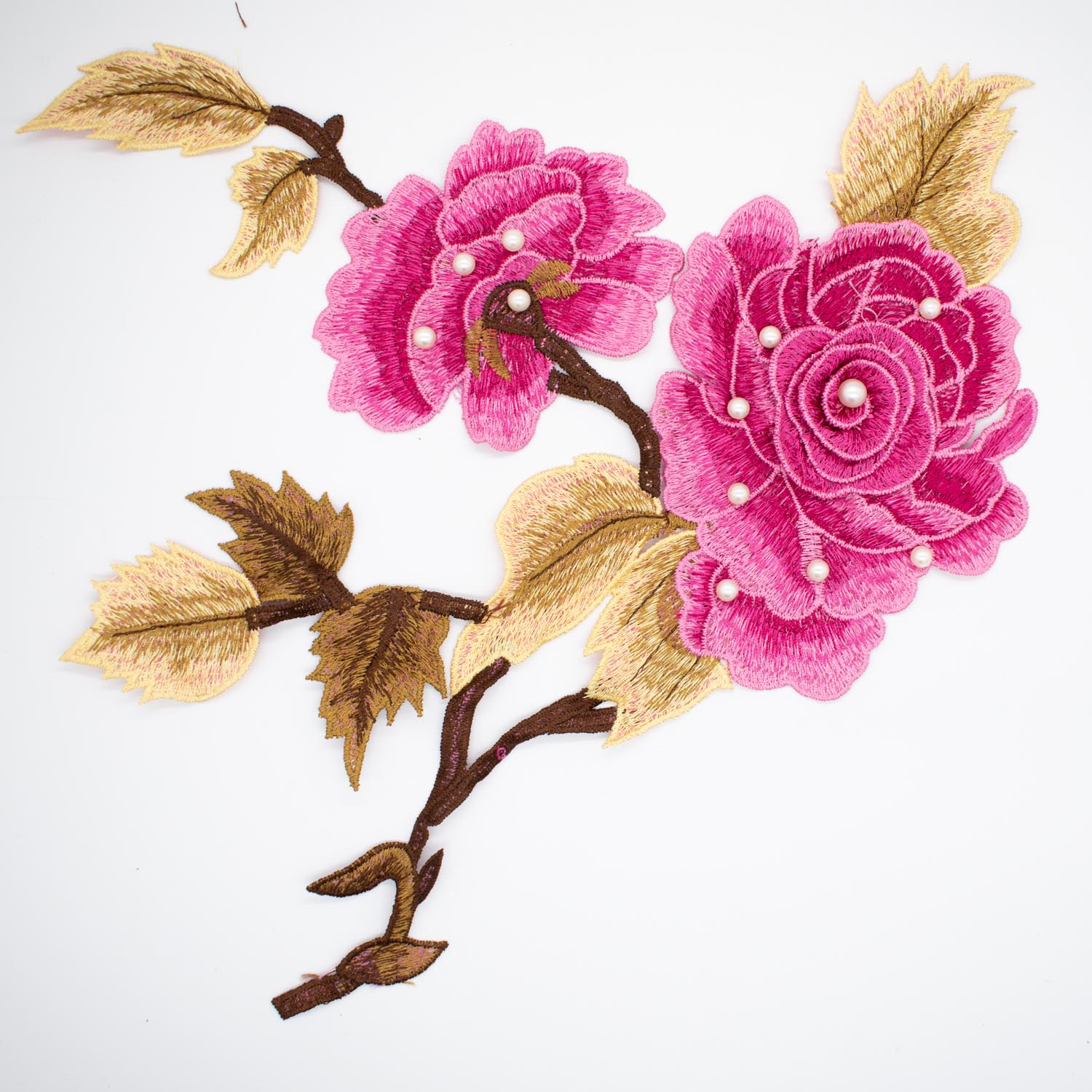 Pink Flower & Pearl Embroidered Applique Motif Design-I-44