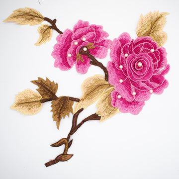 Pink Flower & Pearl Embroidered Applique Motif Design-I-44