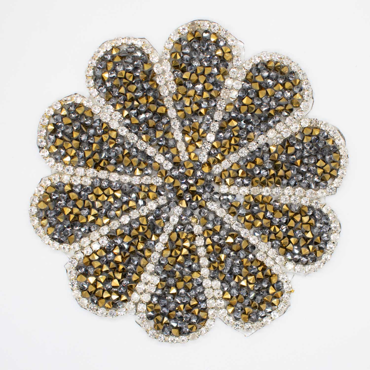 Gold & Silver Diamante Flower Iron-on Motif Design-MOT-AA06 9.5CM