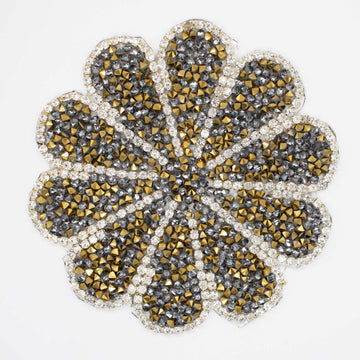 Gold & Silver Diamante Flower Iron-on Motif Design-MOT-AA06 9.5CM