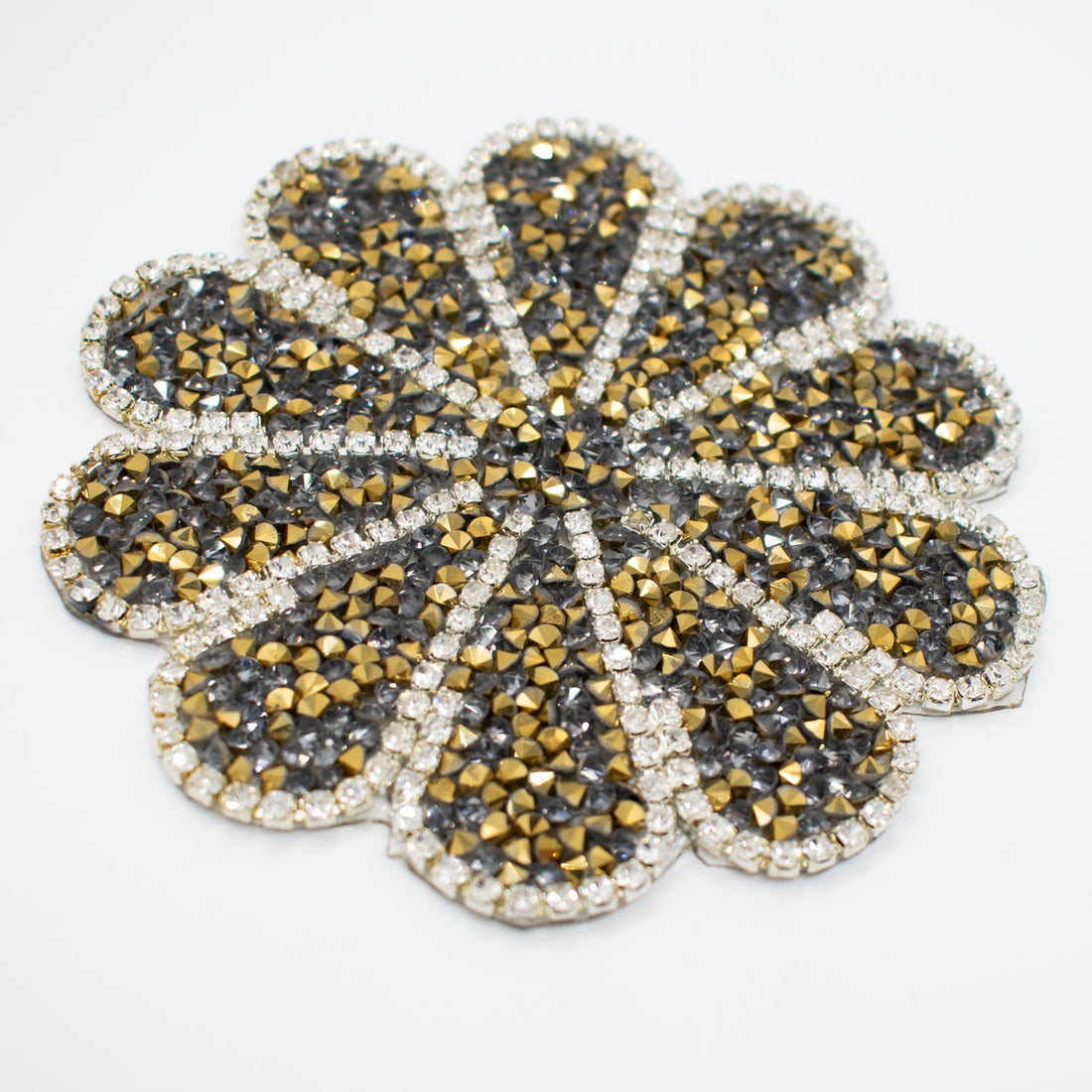 Gold & Silver Diamante Flower Iron-on Motif Design-MOT-AA06 9.5CM