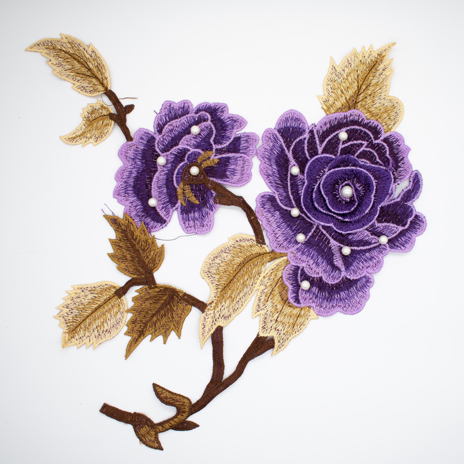 Purple Flower & Pearl Embroidered Applique Motif Design-I-44