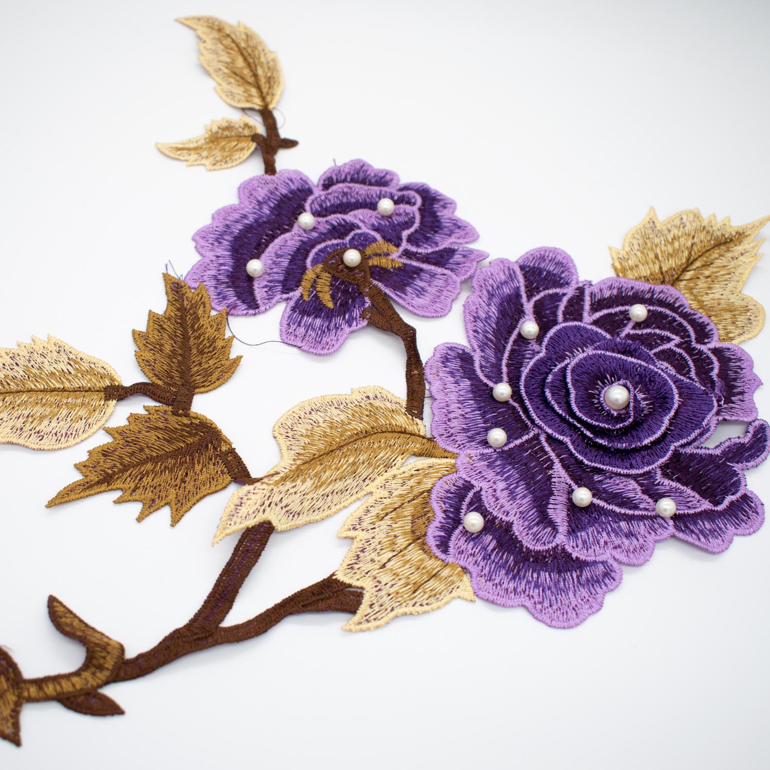 Purple Flower & Pearl Embroidered Applique Motif Design-I-44