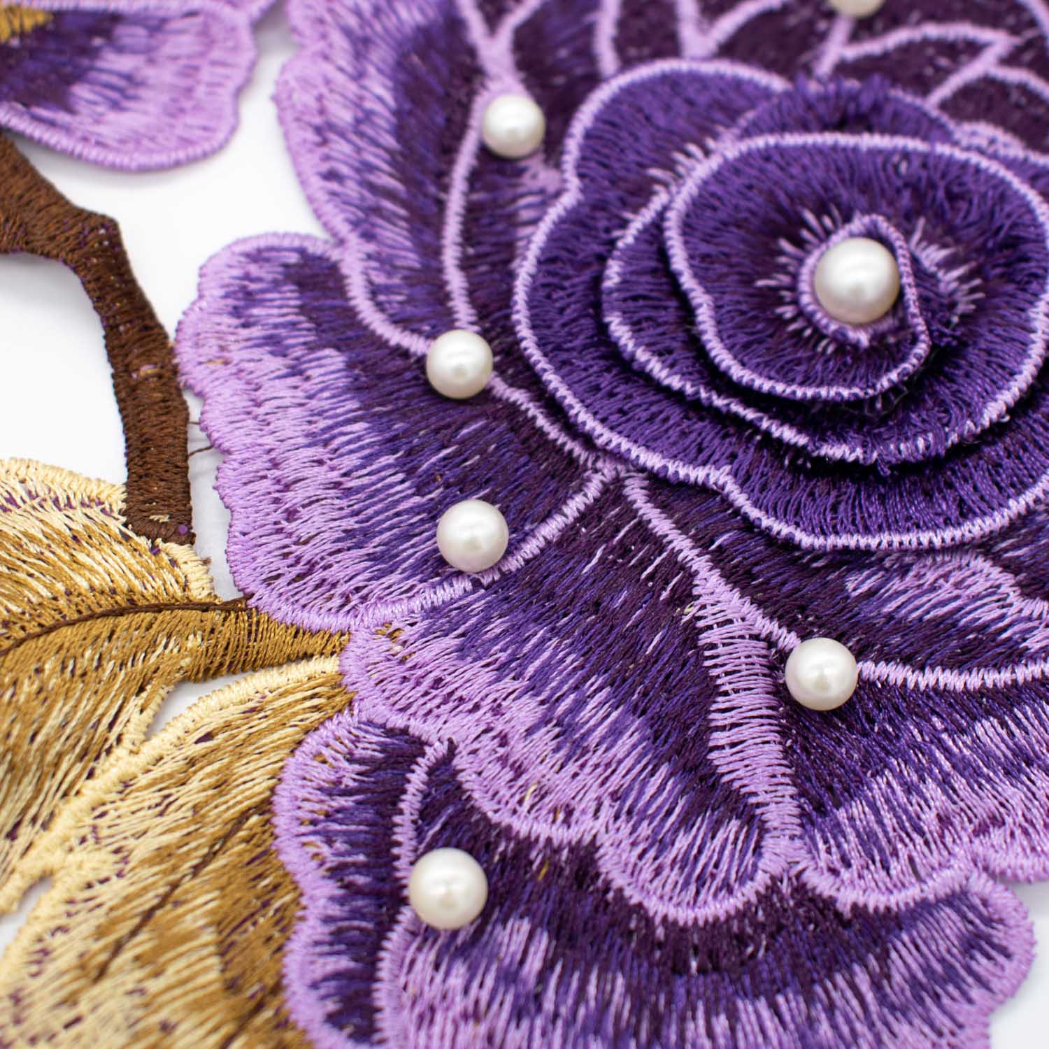 Purple Flower & Pearl Embroidered Applique Motif Design-I-44