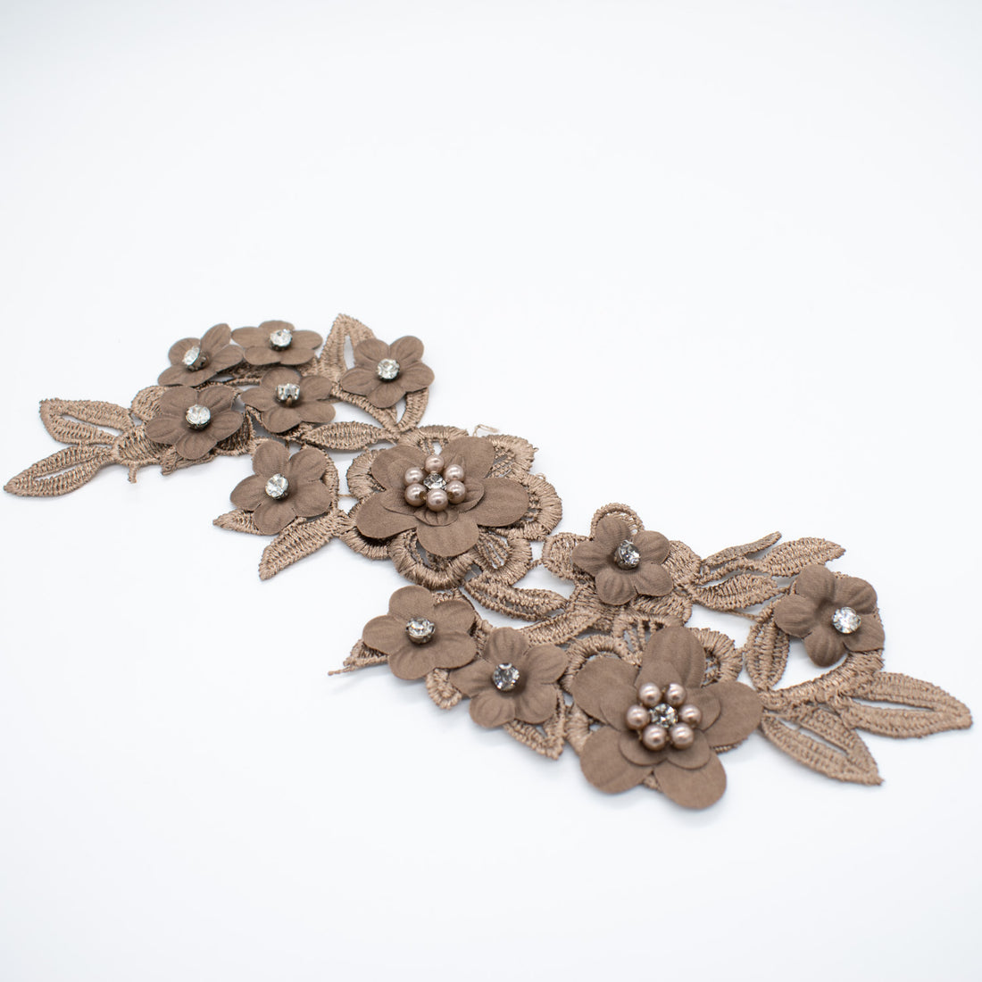 3D Flower Pear & Diamante Embroidered Brown Applique Motif Design-MOT-I-35