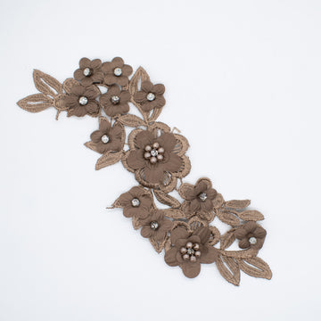 3D Flower Pear & Diamante Embroidered Brown Applique Motif Design-MOT-I-35