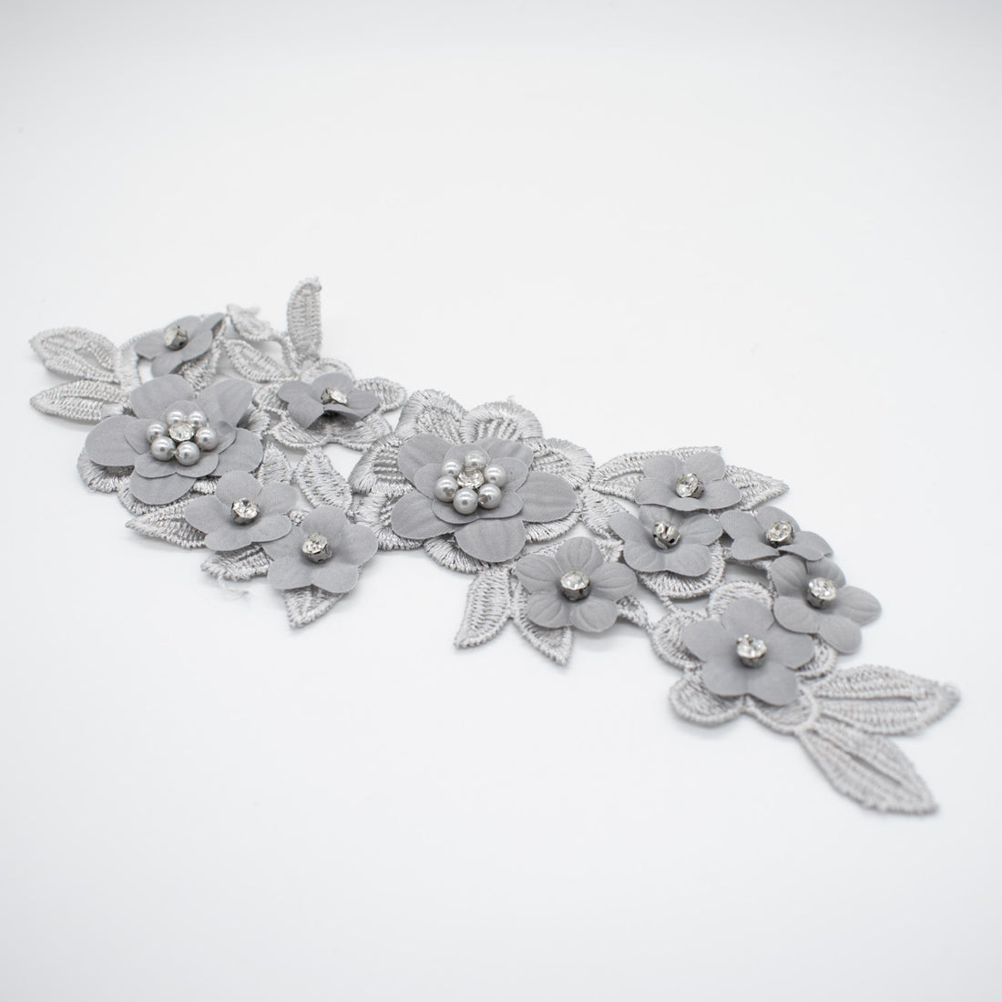 3D Flower Pear & Diamante Embroidered Silver Applique Motif Design-MOT-I-35