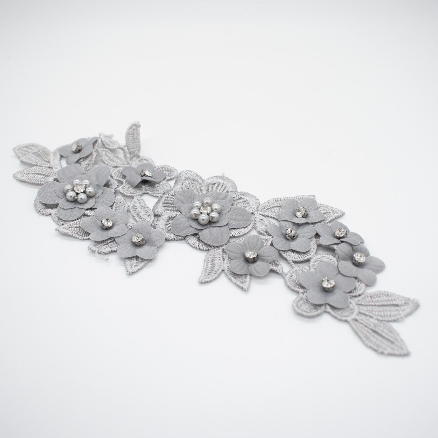3D Flower Pear & Diamante Embroidered Silver Applique Motif Design-MOT-I-35