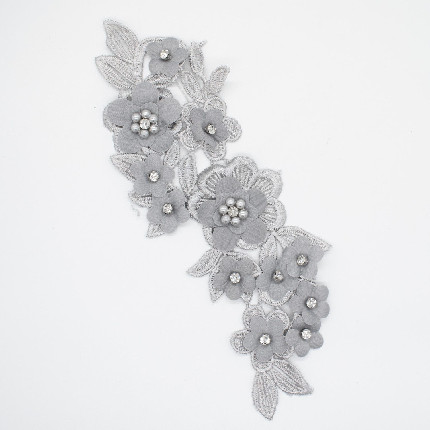 3D Flower Pear & Diamante Embroidered Silver Applique Motif Design-MOT-I-35