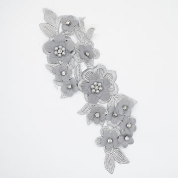 3D Flower Pear & Diamante Embroidered Silver Applique Motif Design-MOT-I-35