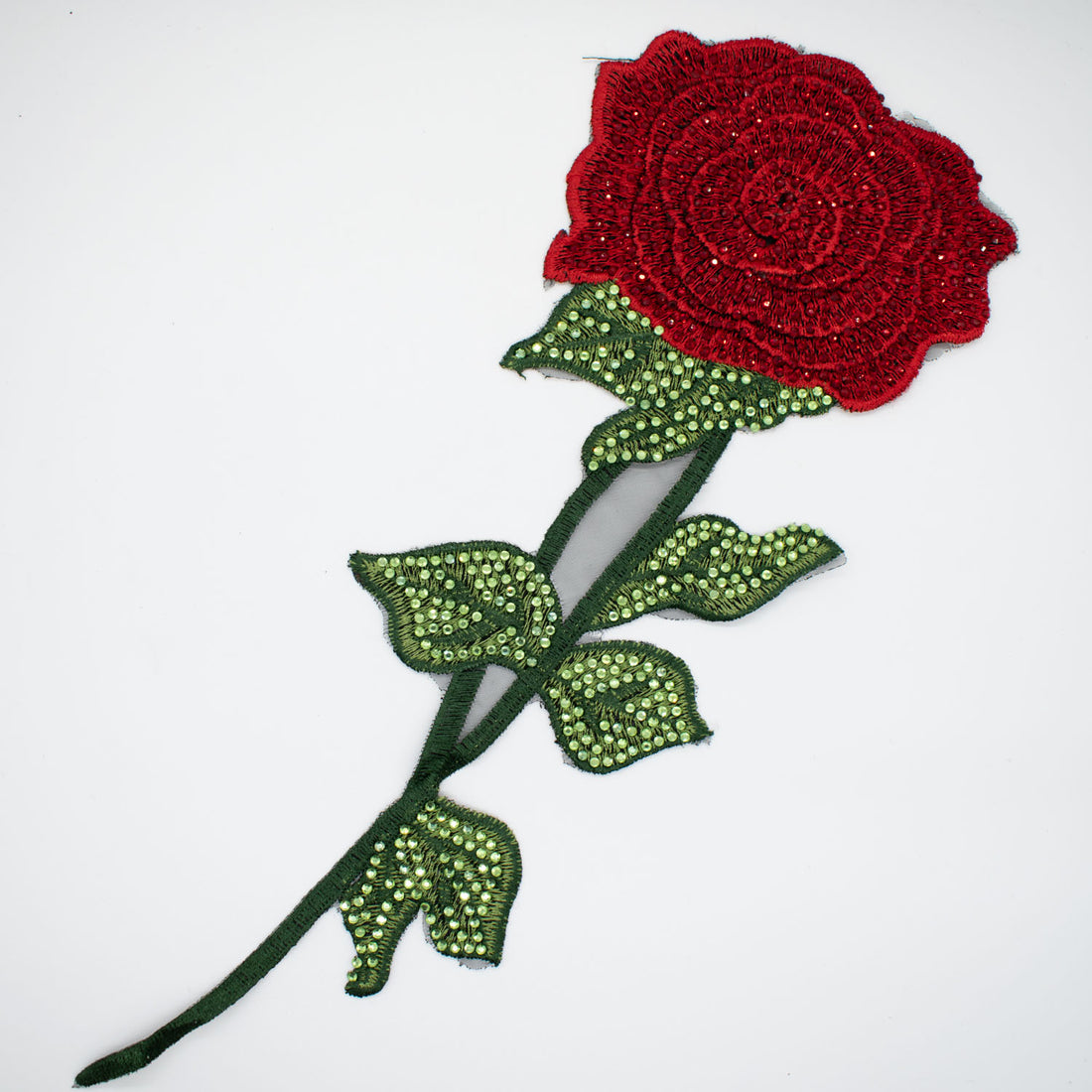 3D Red Rose Flower & Diamante Embroidered Applique Motif Design-I-43