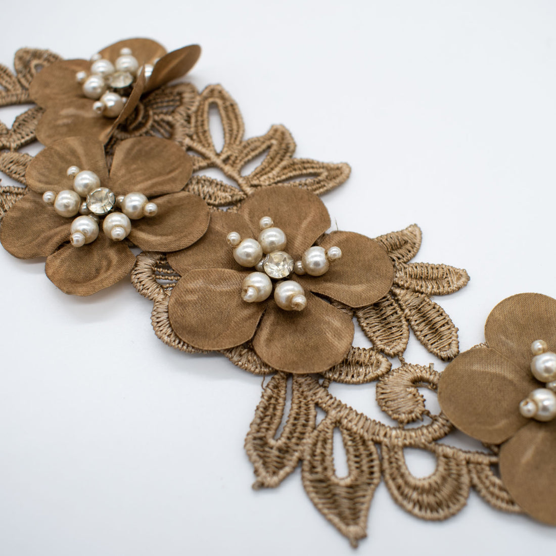 3D Flower Pearl & Diamante Embroidered Brown Applique Motif Design-MOT-I-46