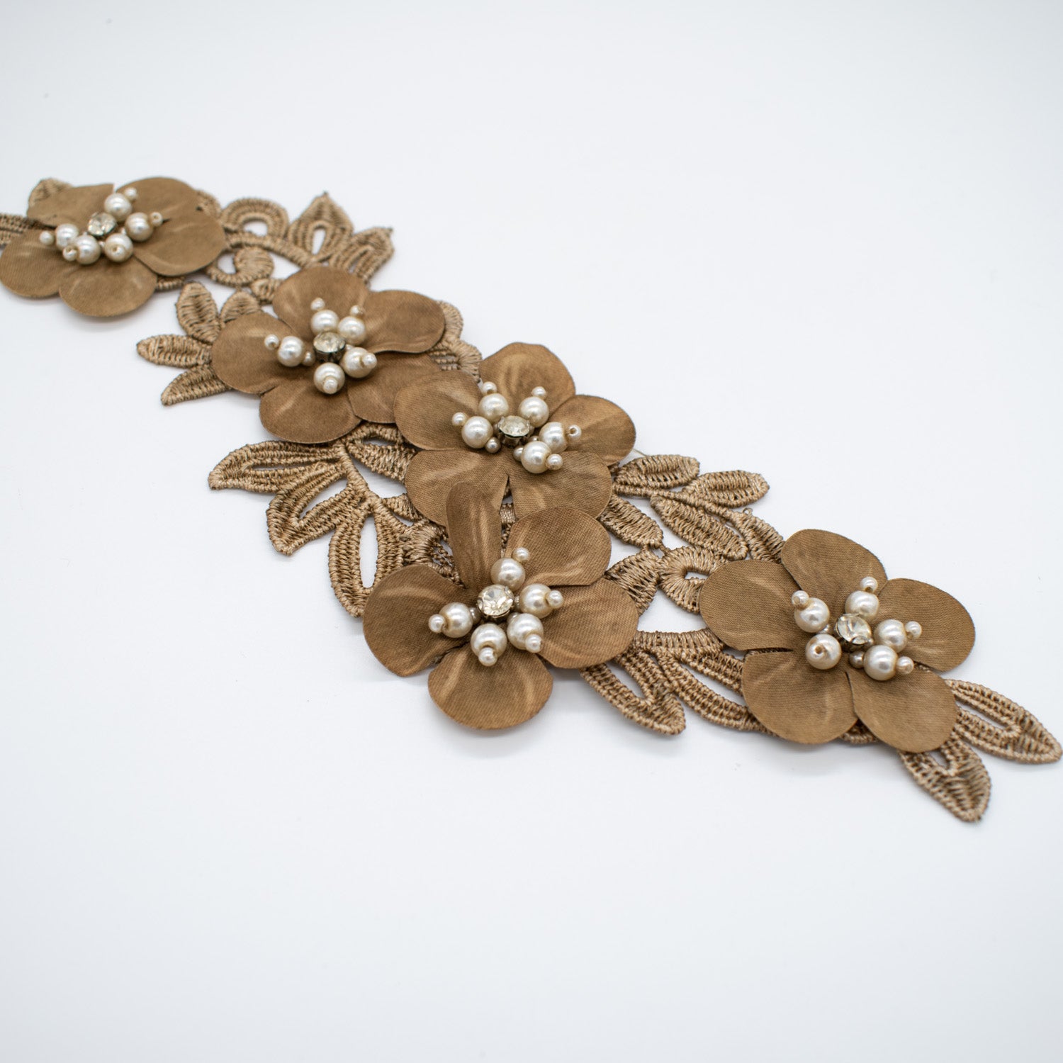 3D Flower Pearl & Diamante Embroidered Brown Applique Motif Design-MOT-I-46