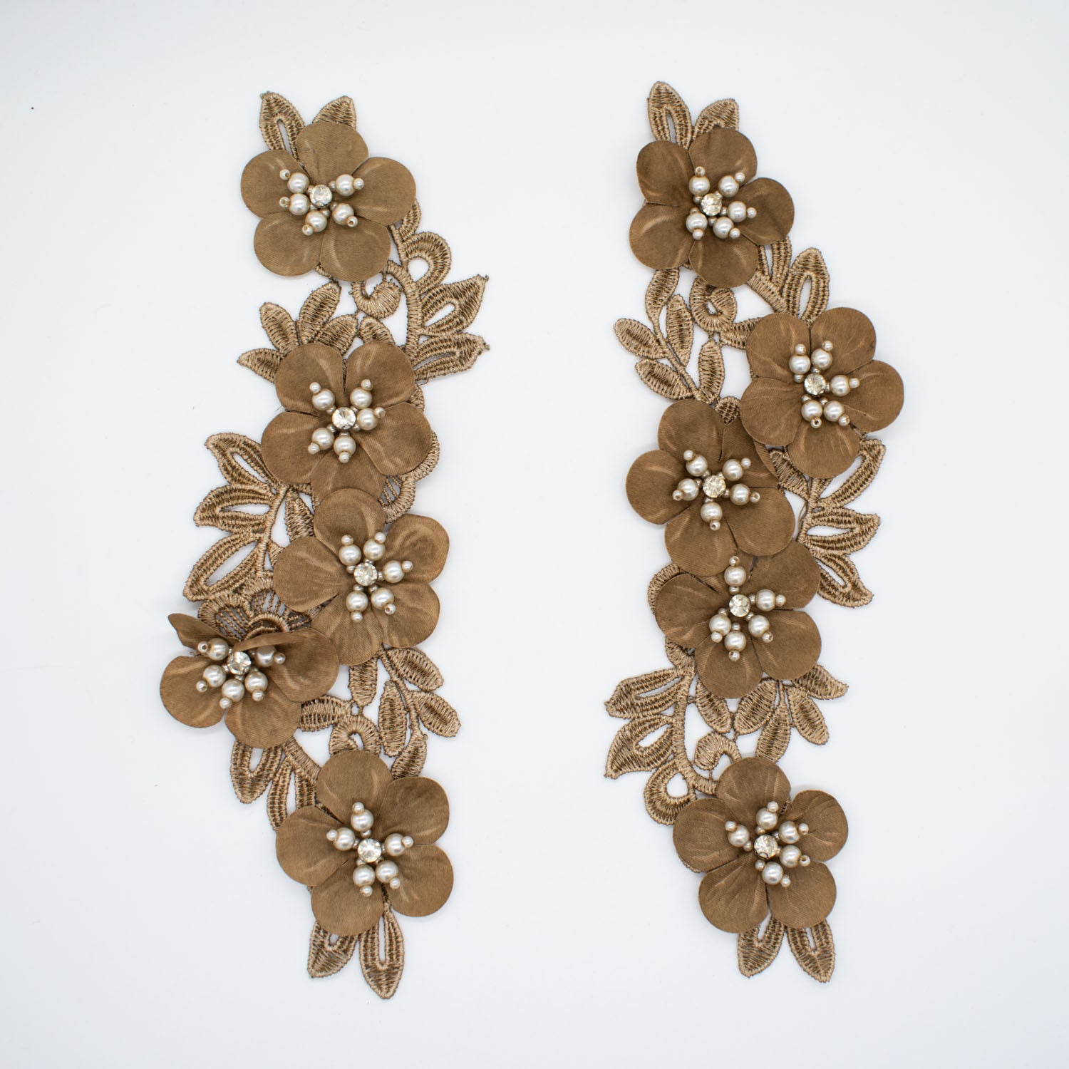 3D Flower Pearl & Diamante Embroidered Brown Applique Motif Design-MOT-I-46