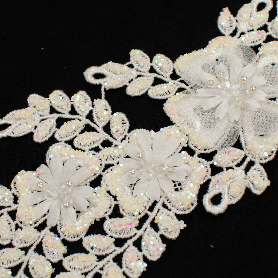 3D Flower Sequin Embroidered Ivory Applique Motif Design-MOT-I-47