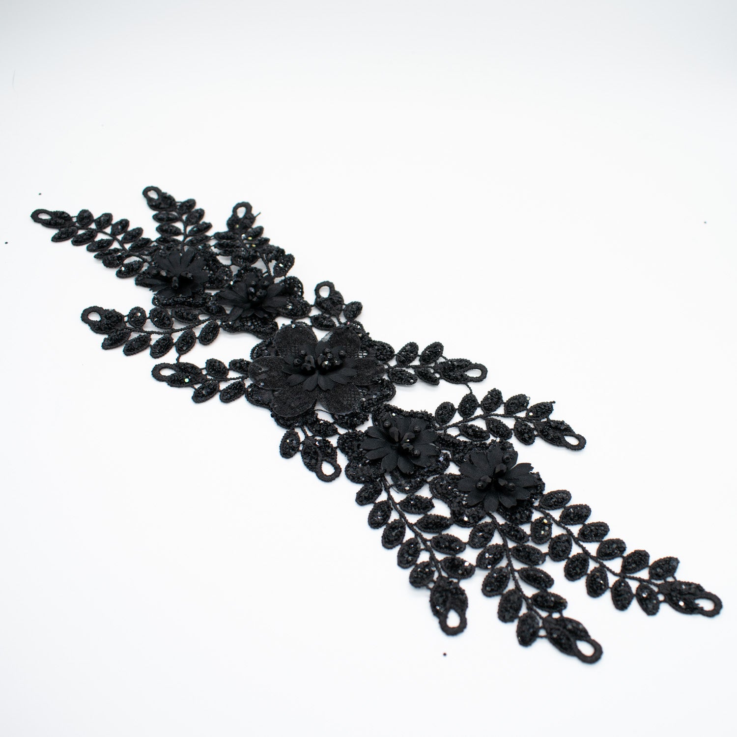 3D Flower Sequin Embroidered Black Applique Motif Design-MOT-I-47