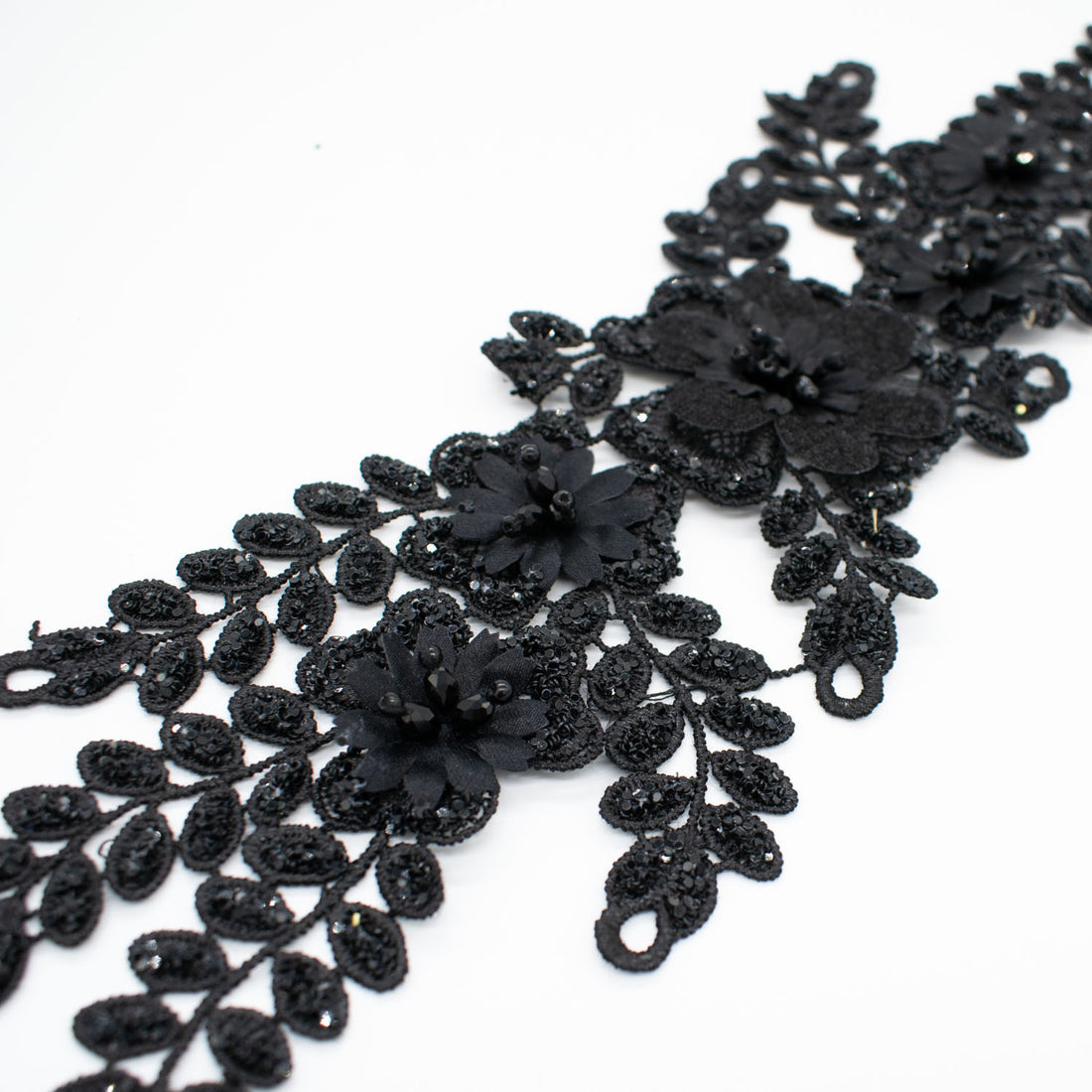 3D Flower Sequin Embroidered Black Applique Motif Design-MOT-I-47