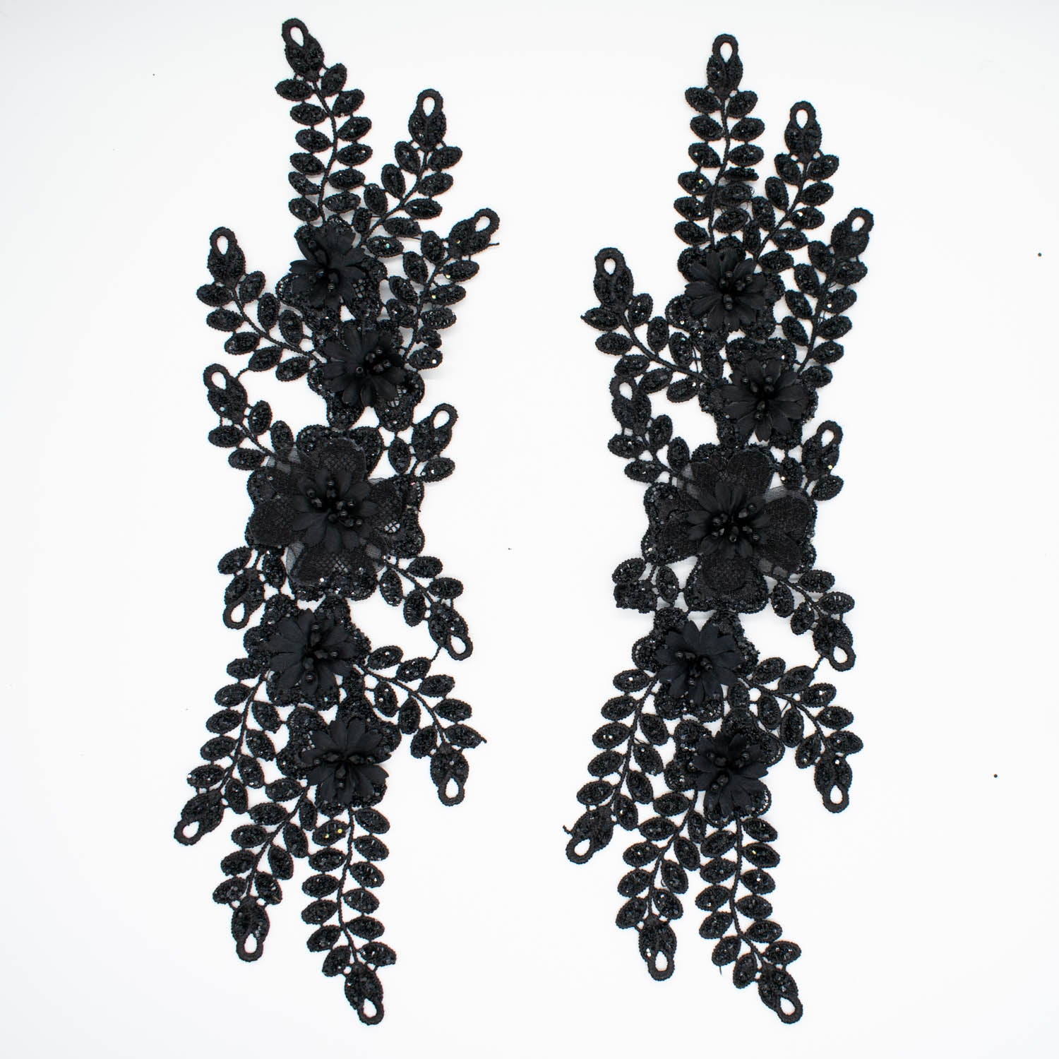 3D Flower Sequin Embroidered Black Applique Motif Design-MOT-I-47