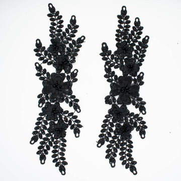 3D Flower Sequin Embroidered Black Applique Motif Design-MOT-I-47
