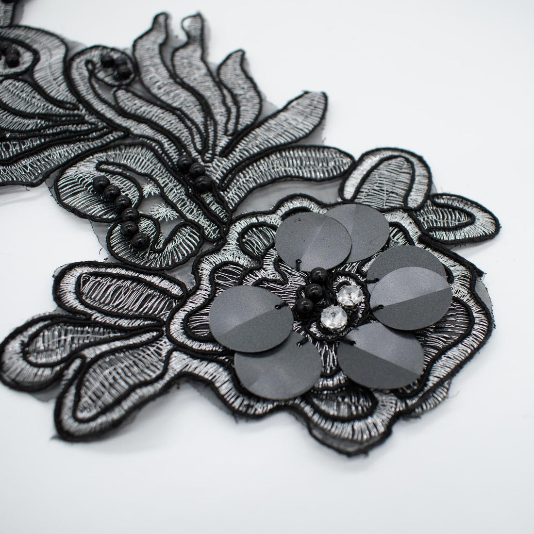 3D Flower Sequin & Pearl  Embroidered Silver & Black Applique Motif Design-MOT-O