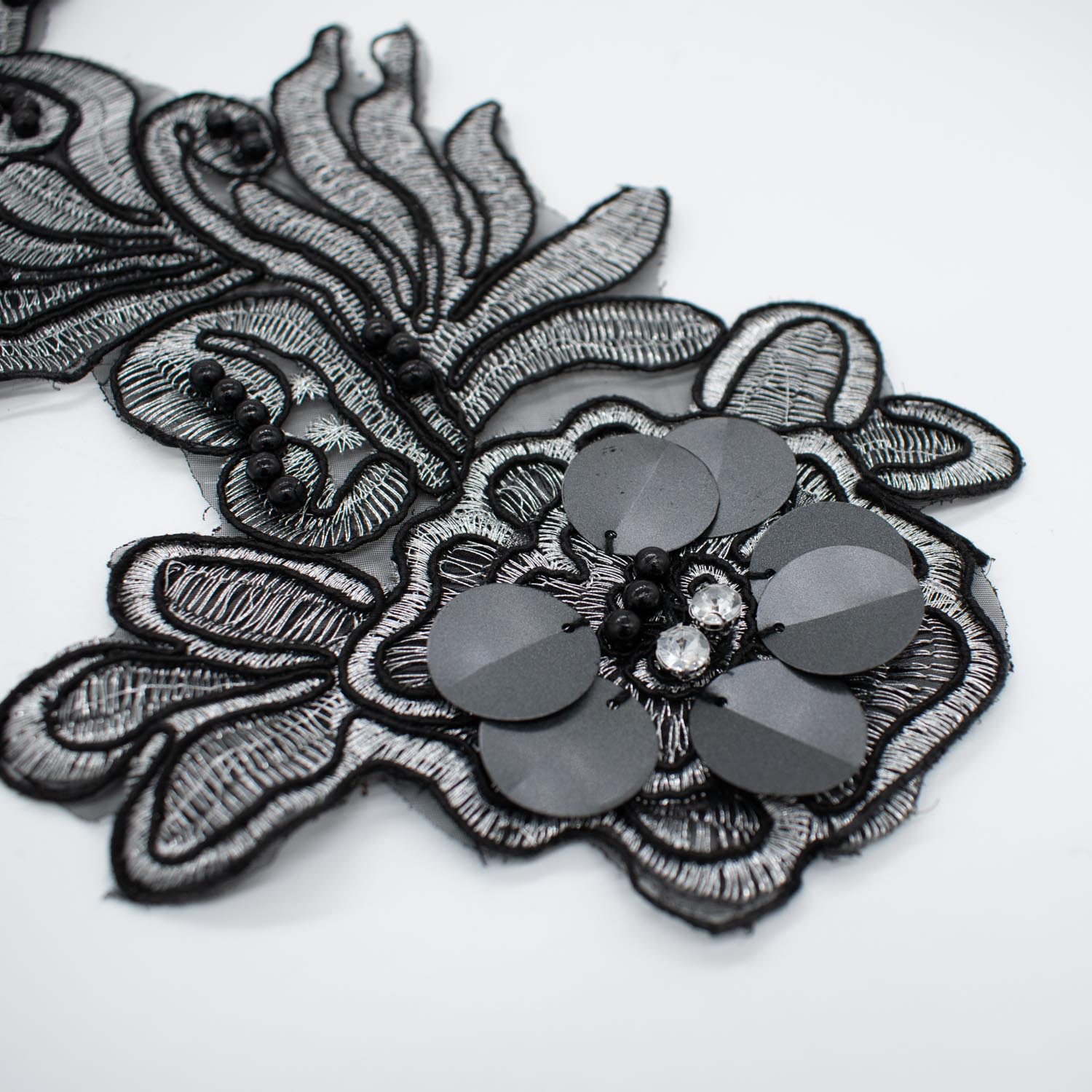 3D Flower Sequin & Pearl  Embroidered Silver & Black Applique Motif Design-MOT-O