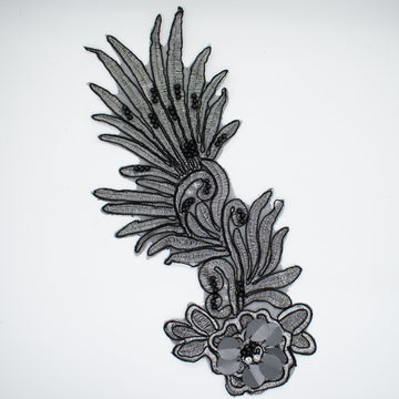 3D Flower Sequin & Pearl  Embroidered Silver & Black Applique Motif Design-MOT-O
