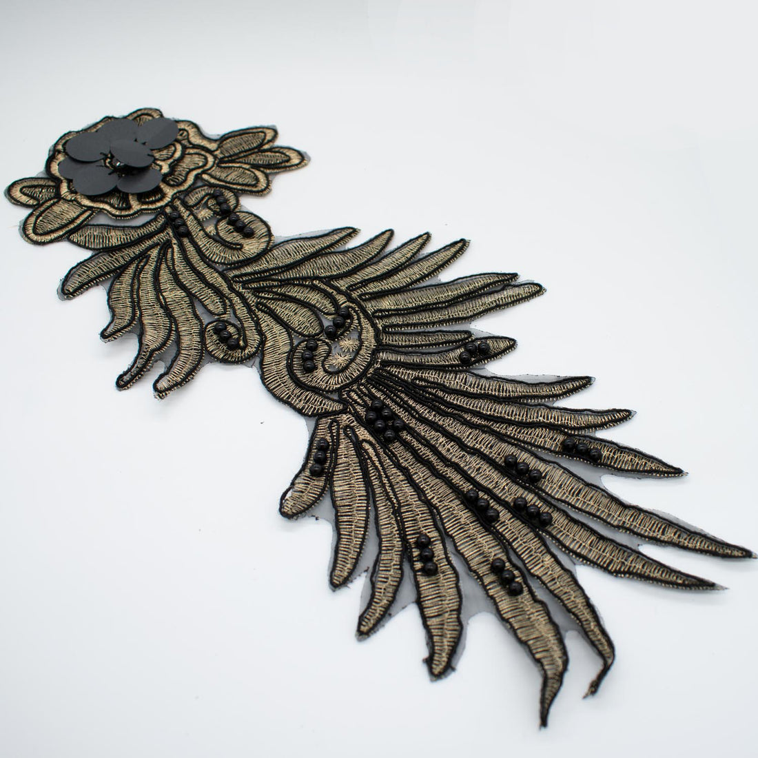 3D Flower Sequin & Pearl  Embroidered Gold & Black Applique Motif Design-MOT-O