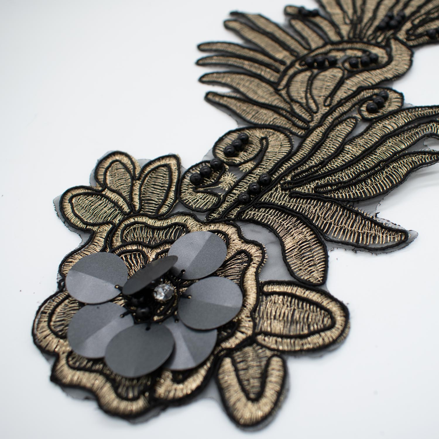 3D Flower Sequin & Pearl  Embroidered Gold & Black Applique Motif Design-MOT-O
