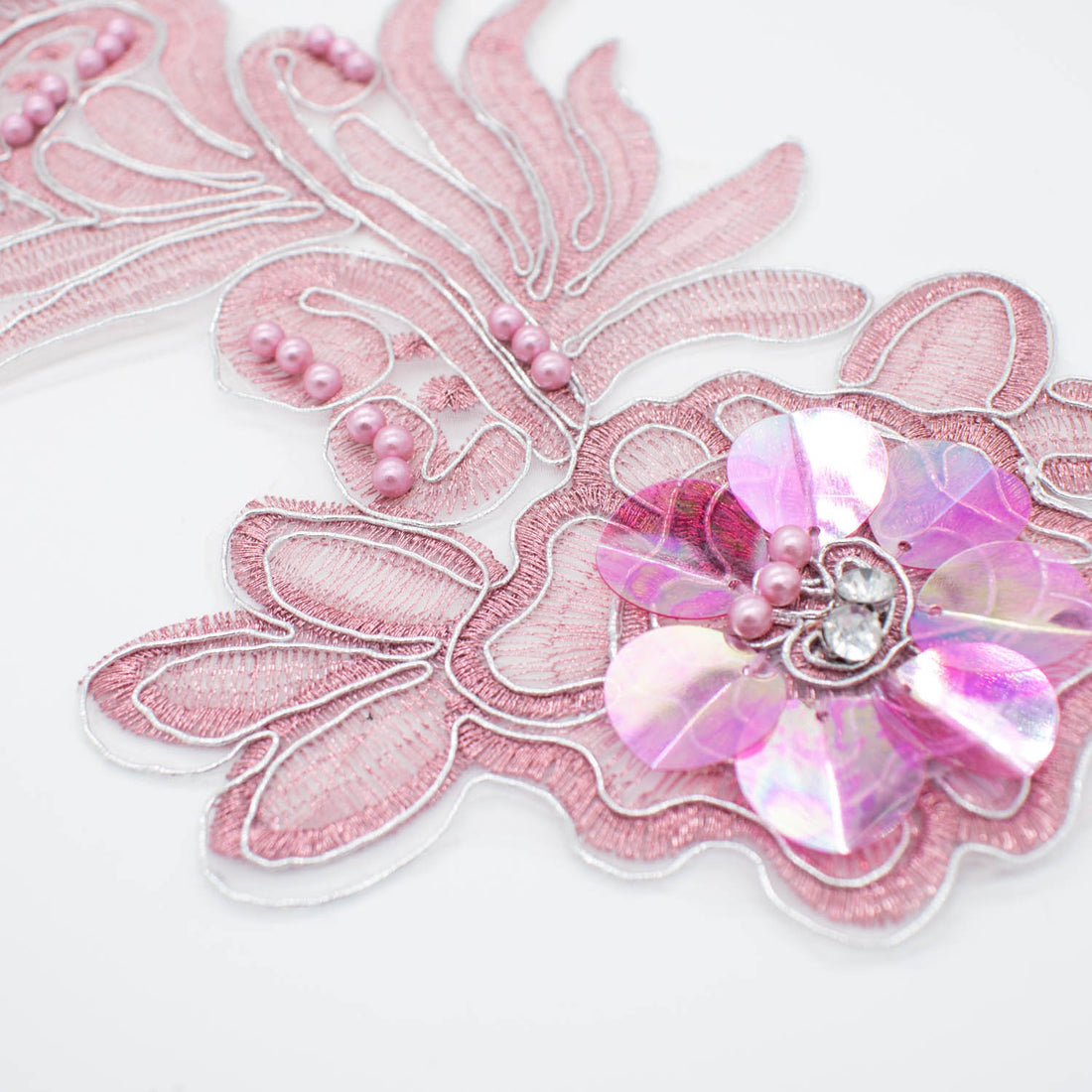 3D Flower Sequin & Pearl  Embroidered Pink Applique Motif Design-MOT-O