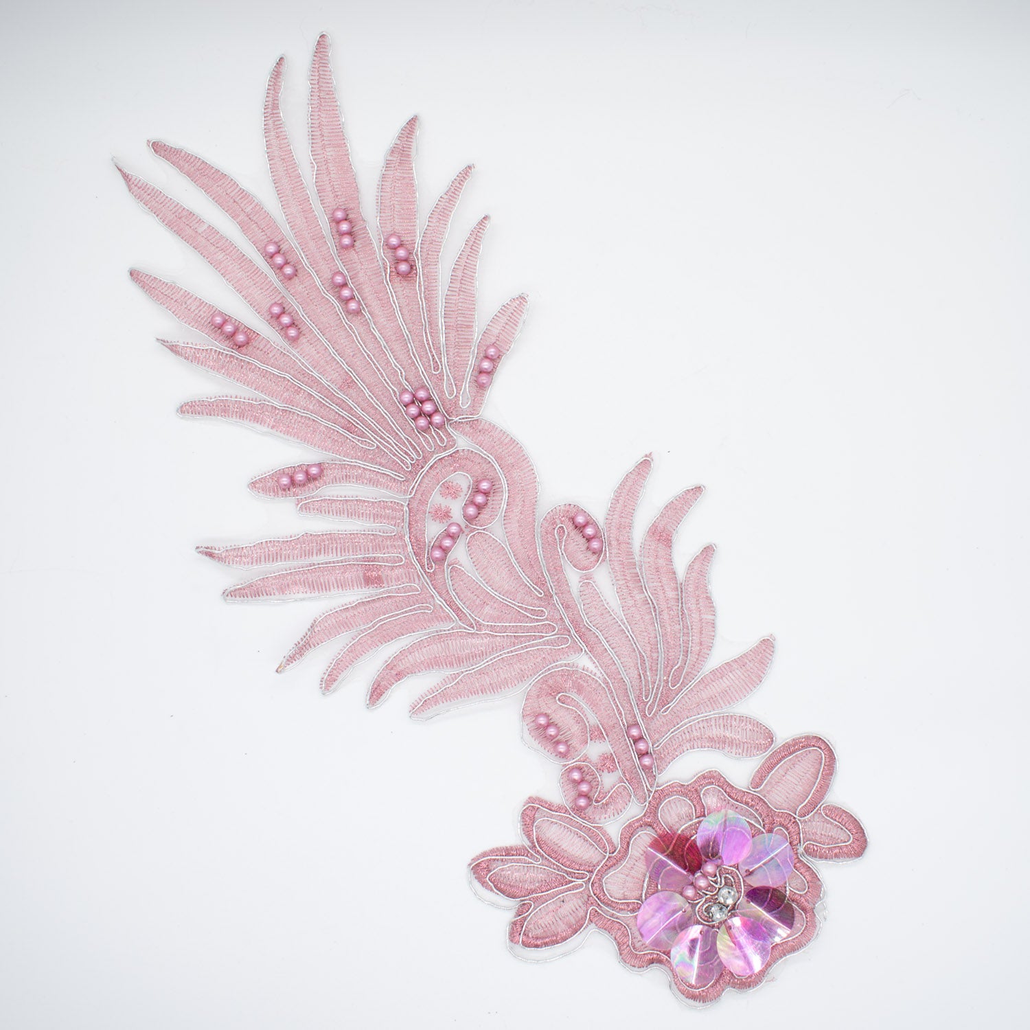 3D Flower Sequin & Pearl  Embroidered Pink Applique Motif Design-MOT-O