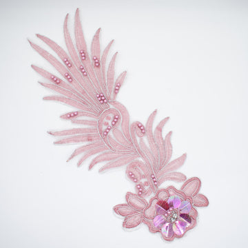 3D Flower Sequin & Pearl  Embroidered Pink Applique Motif Design-MOT-O