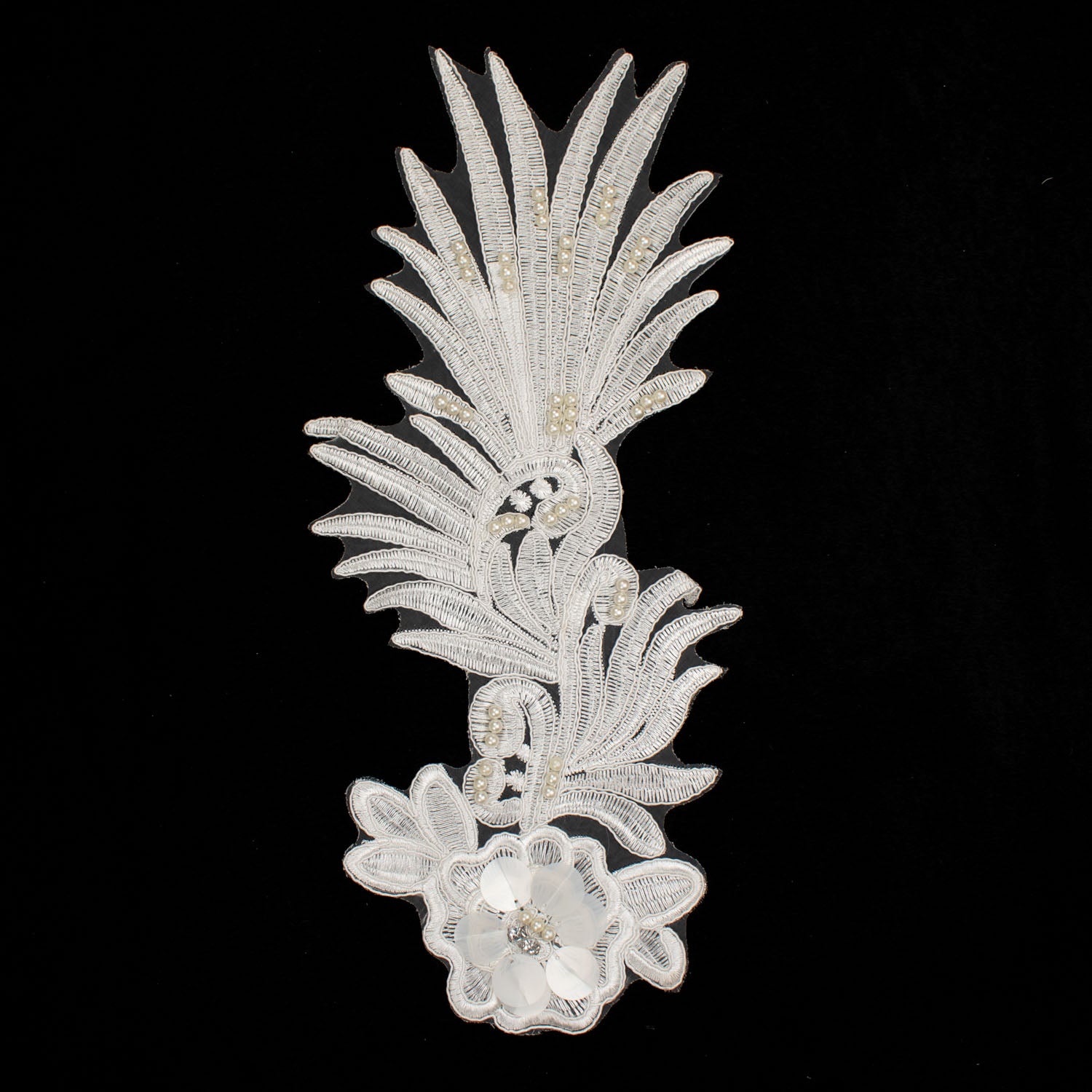 3D Flower Sequin & Pearl  Embroidered Ivory Applique Motif Design-MOT-O