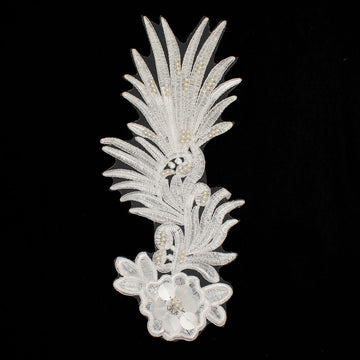 3D Flower Sequin & Pearl  Embroidered Ivory Applique Motif Design-MOT-O