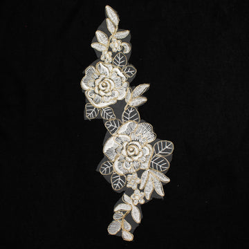 Gold & White Flower Embroidered Lace Applique Motif Design-MOT-Q