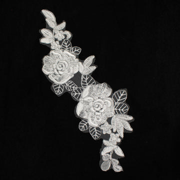 Silver & White Flower Embroidered Lace Applique Motif Design-MOT-Q