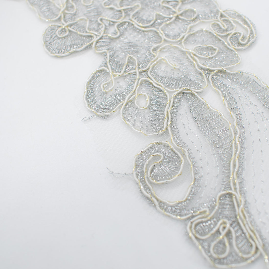 Silver & White Flower Embroidered Lace Applique Motif Design-MOT-U